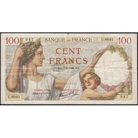 F 26-24 - 07/03/1940 - 100 francs - Sully - Série U.8041 - Etat : TTB-
