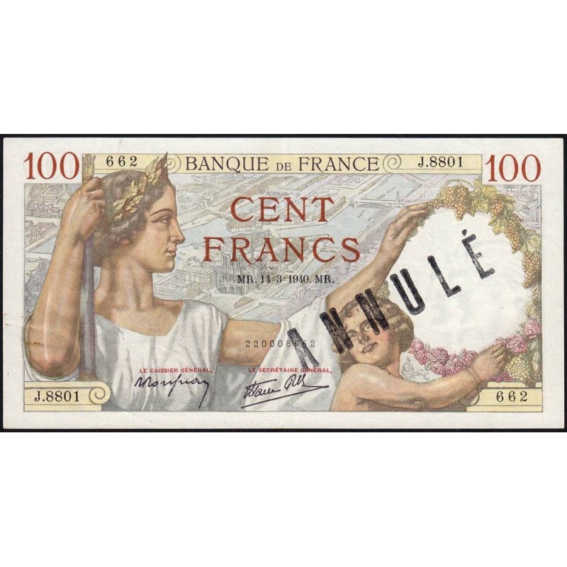 F 26-25 - 14/03/1940 - 100 francs - Sully - Série J.8801 - Annulé - Etat : SUP