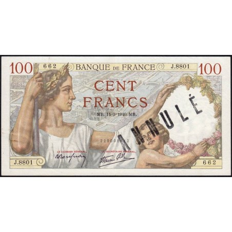 F 26-25 - 14/03/1940 - 100 francs - Sully - Série J.8801 - Annulé - Etat : SUP
