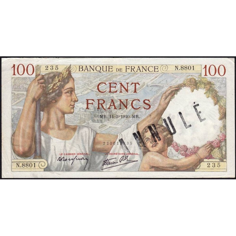 F 26-25 - 14/03/1940 - 100 francs - Sully - Série N.8801 - Annulé - Etat : TTB