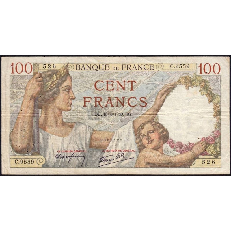 F 26-27 - 18/04/1940 - 100 francs - Sully - Série C.9559 - Etat : TB