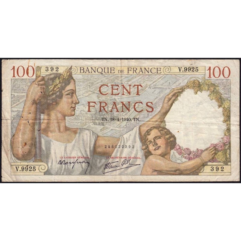 F 26-27 - 18/04/1940 - 100 francs - Sully - Série V.9925 - Etat : TB-