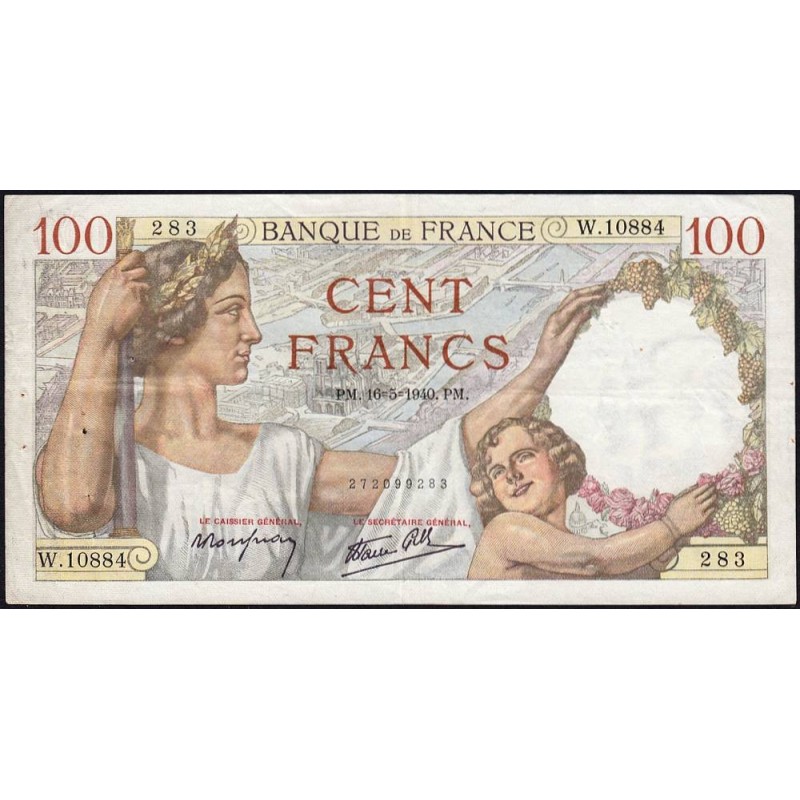 F 26-29 - 16/05/1940 - 100 francs - Sully - Série W.10884 (remplacement) - Etat : TTB
