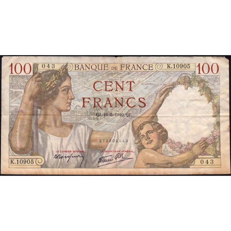 F 26-29 - 16/05/1940 - 100 francs - Sully - Série K.10905 - Etat : B+