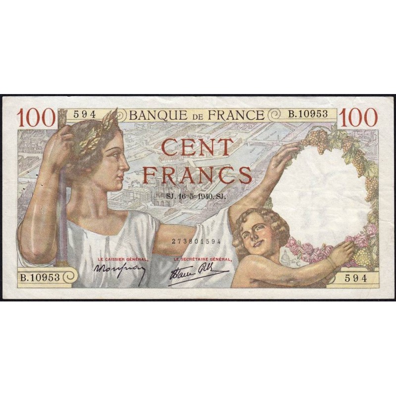 F 26-29 - 16/05/1940 - 100 francs - Sully - Série B.10953 - Etat : TTB+