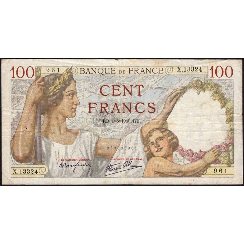 F 26-34 - 01/08/1940 - 100 francs - Sully - Série X.13324 - Etat : TB