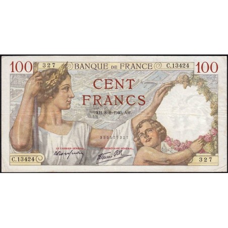 F 26-35 - 08/08/1940 - 100 francs - Sully - Série C.13424 - Etat : TTB