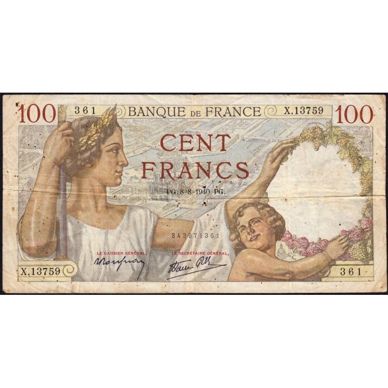 F 26-35 - 08/08/1940 - 100 francs - Sully - Série X.13759 - Etat : TB-