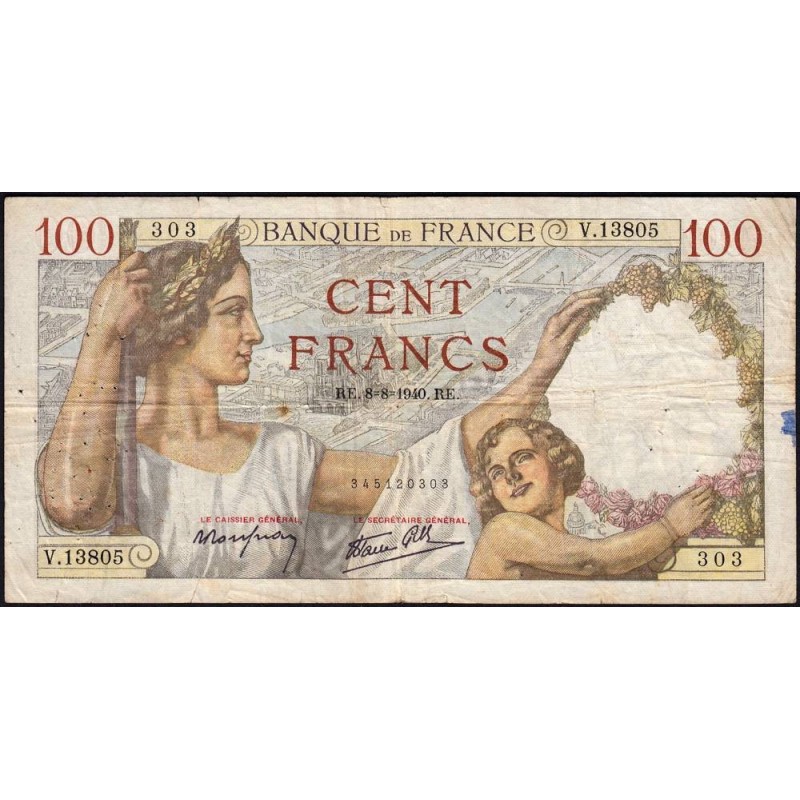 F 26-35 - 08/08/1940 - 100 francs - Sully - Série V.13805 - Etat : TB-
