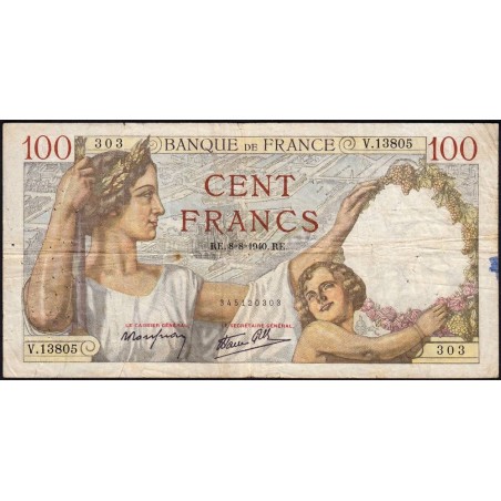 F 26-35 - 08/08/1940 - 100 francs - Sully - Série V.13805 - Etat : TB-