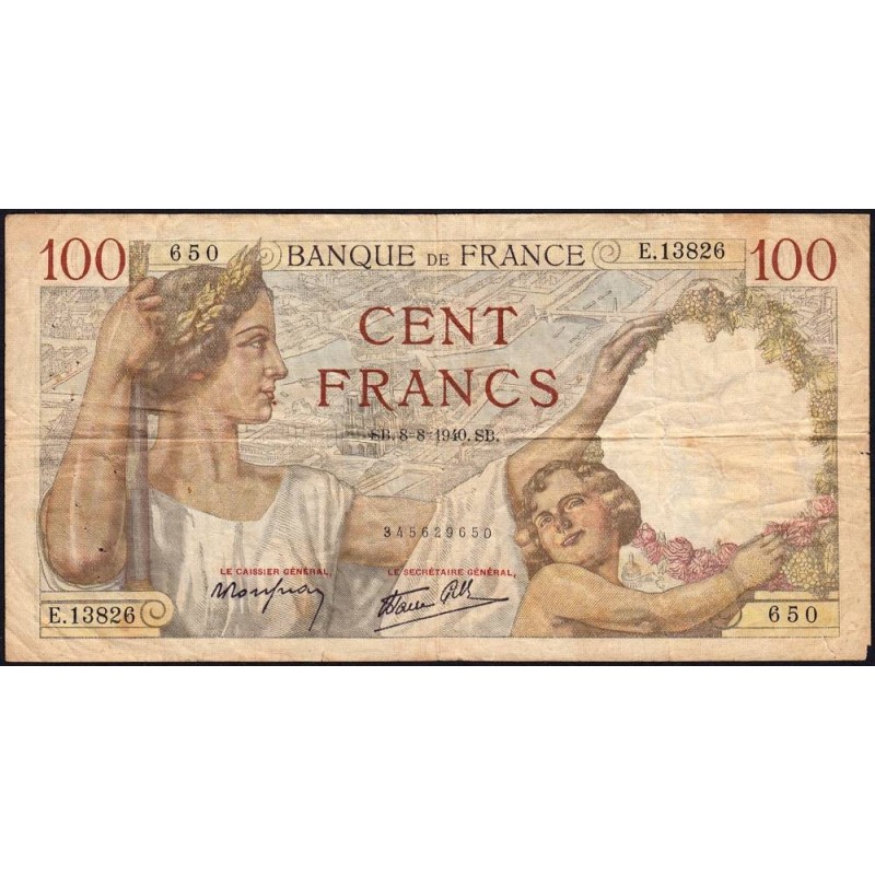 F 26-35 - 08/08/1940 - 100 francs - Sully - Série E.13826 - Etat : TB-