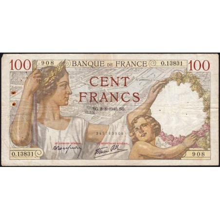 F 26-35 - 08/08/1940 - 100 francs - Sully - Série O.13831 - Etat : TB