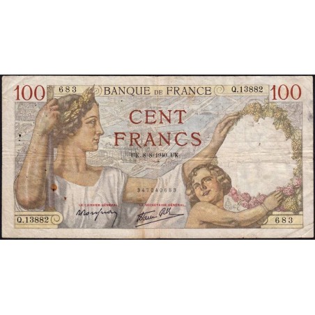 F 26-35 - 08/08/1940 - 100 francs - Sully - Série Q.13882 - Etat : TB-