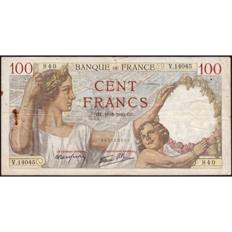 F 26-36 - 16/08/1940 - 100 francs - Sully - Série V.14045 - Etat : TB