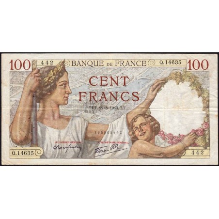 F 26-37 - 16/08/1940 - 100 francs - Sully - Série Q.14635 - Etat : TB