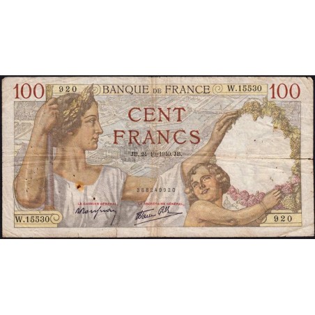 F 26-39 - 24/10/1940 - 100 francs - Sully - Série W.15530 (remplacement) - Etat : TB-