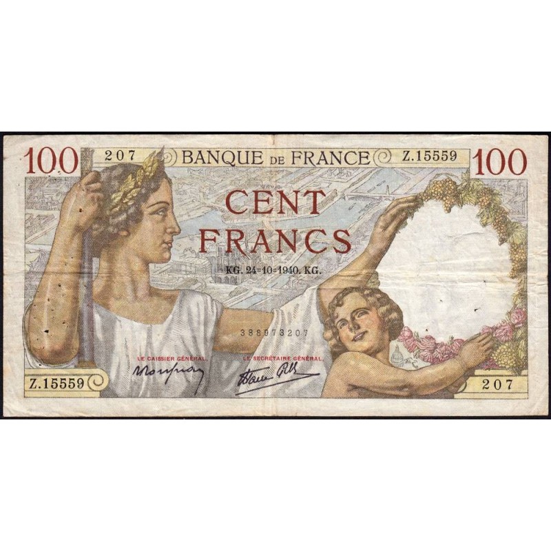 F 26-39 - 24/10/1940 - 100 francs - Sully - Série Z.15559 - Etat : TB-