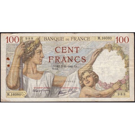 F 26-40 - 07/11/1940 - 100 francs - Sully - Série M.16080 - Etat : TB-