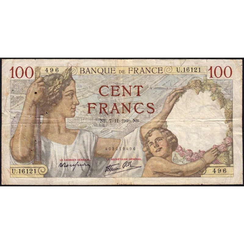 F 26-40 - 07/11/1940 - 100 francs - Sully - Série U.16121 - Etat : TB