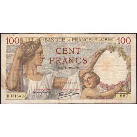 F 26-40 - 07/11/1940 - 100 francs - Sully - Série D.16156 - Etat : TB-