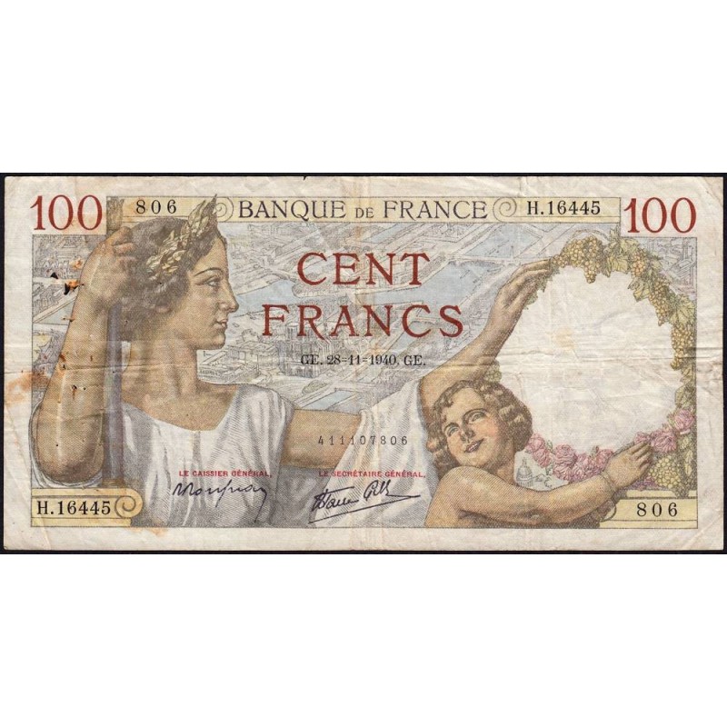 F 26-41 - 28/11/1940 - 100 francs - Sully - Série H.16445 - Etat : TB-