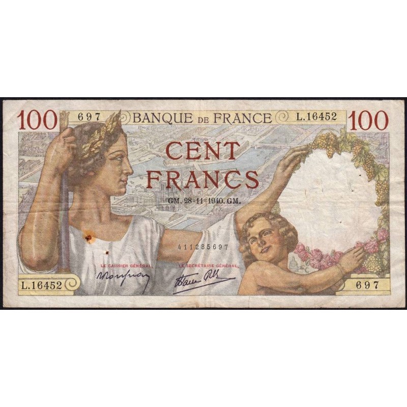 F 26-41 - 28/11/1940 - 100 francs - Sully - Série L.16452 - Etat : TB