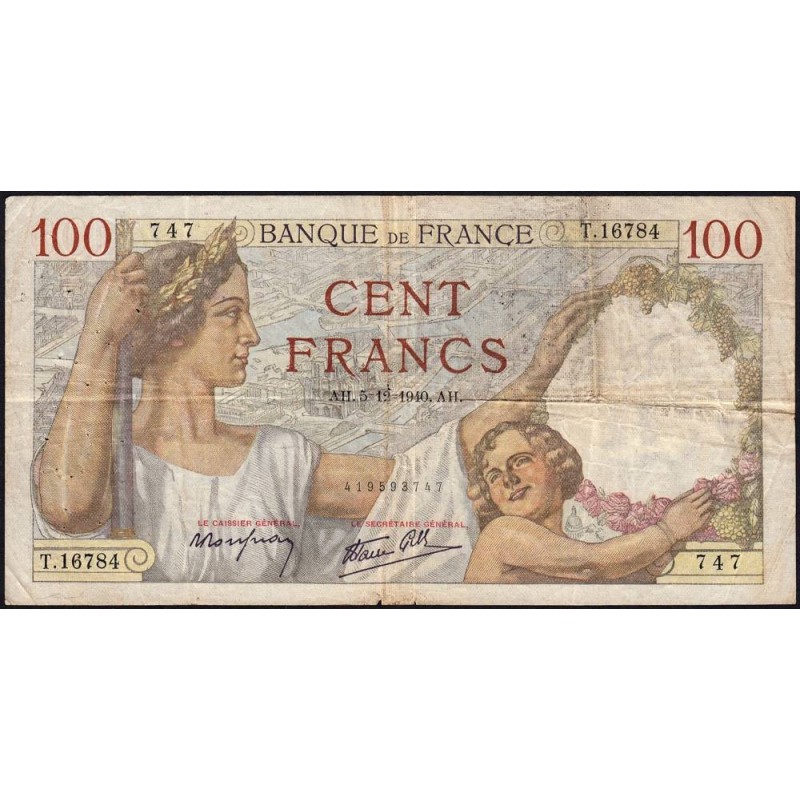 F 26-42 - 05/12/1940 - 100 francs - Sully - Série T.16784 - Etat : TB-