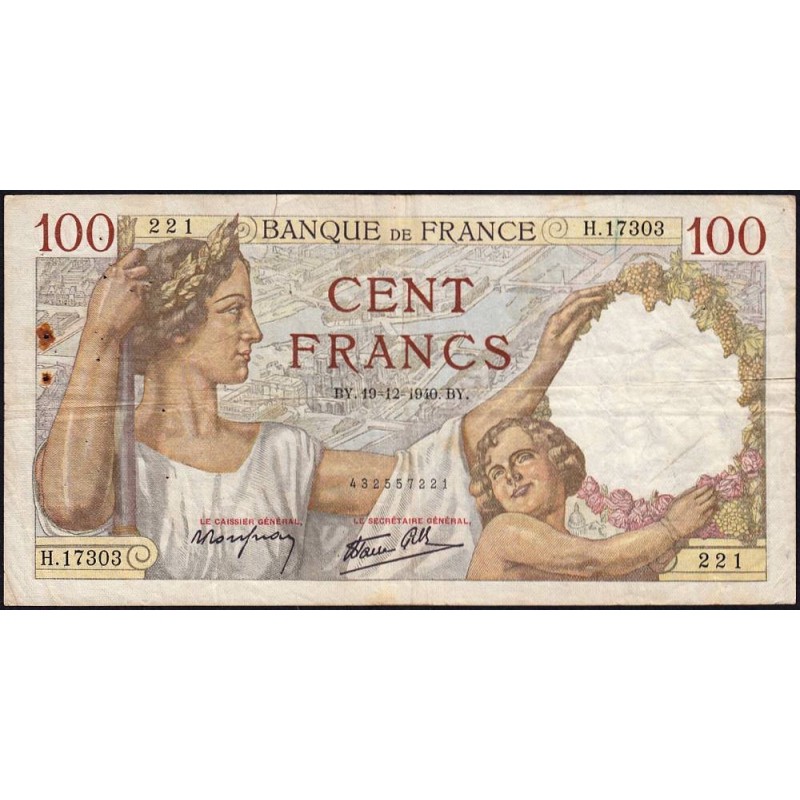 F 26-42 - 05/12/1940 - 100 francs - Sully - Série H.17303 - Etat : TB-