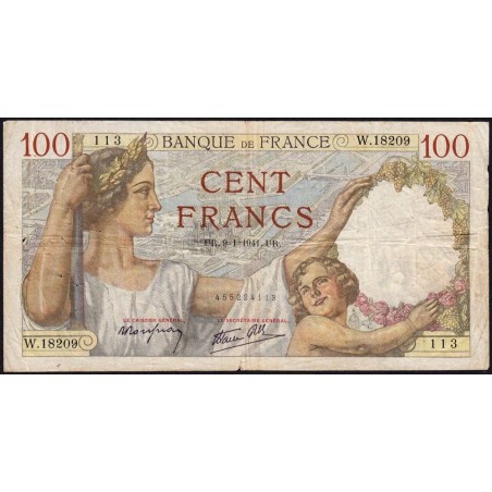 F 26-44 - 09/01/1941 - 100 francs - Sully - Série W.18209 (remplacement) - Etat : TB-