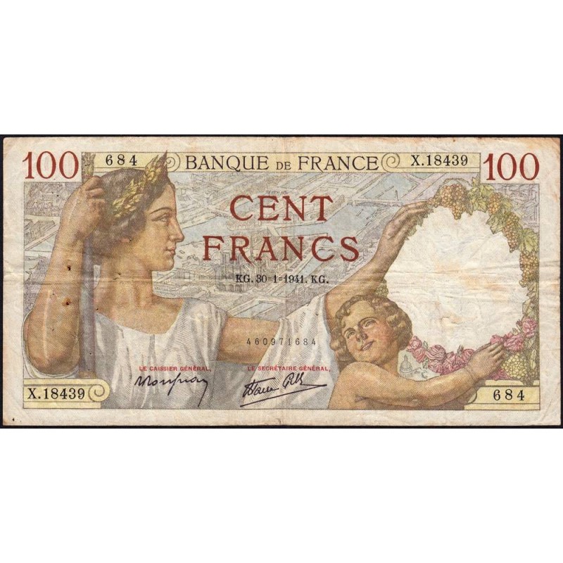 F 26-45 - 30/01/1941 - 100 francs - Sully - Série X.18439 - Etat : B+