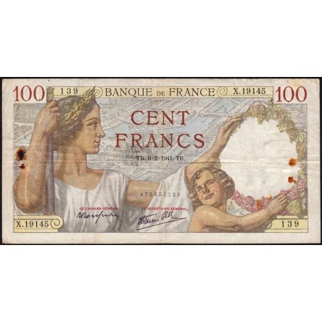 F 26-46 - 06/02/1941 - 100 francs - Sully - Série X.19145 - Etat : TB-