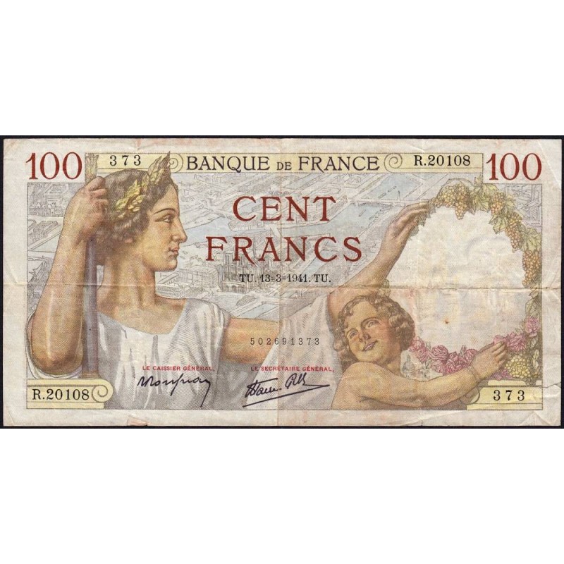 F 26-48 - 13/03/1941 - 100 francs - Sully - Série R.20108 - Etat : TB-