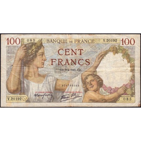 F 26-49 - 03/04/1941 - 100 francs - Sully - Série V.20192 - Etat : TB-