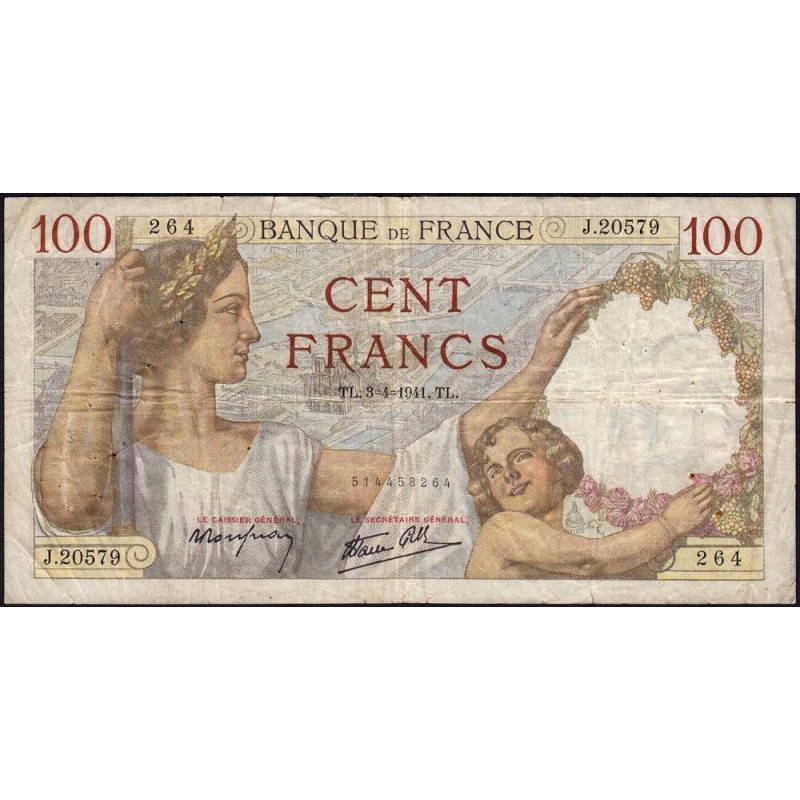 F 26-49 - 03/04/1941 - 100 francs - Sully - Série J.20579 - Etat : TB-