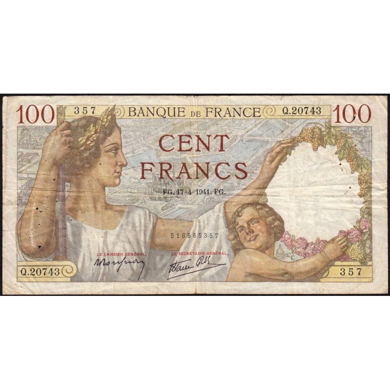 F 26-50 - 17/04/1941 - 100 francs - Sully - Série Q.20743 - Etat : TB-