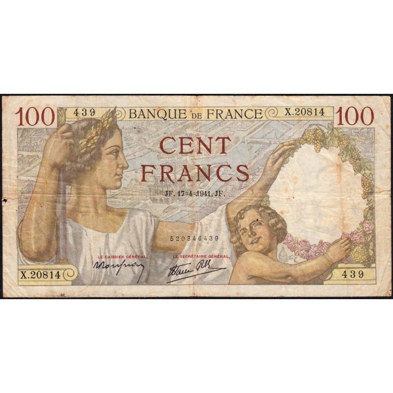 F 26-50 - 17/04/1941 - 100 francs - Sully - Série X.20814 - Etat : B+