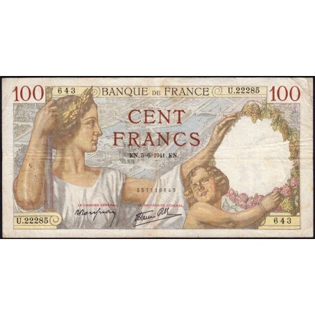 F 26-53 - 05/06/1941 - 100 francs - Sully - Série U.22285 - Etat : TB