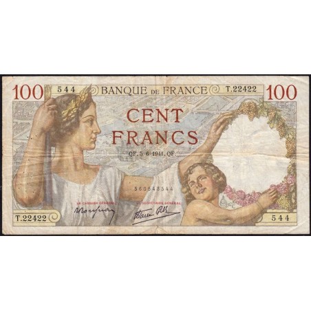 F 26-53 - 05/06/1941 - 100 francs - Sully - Série T.22422 - Etat : TB-