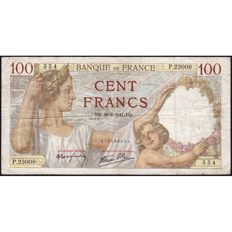 F 26-54 - 19/06/1941 - 100 francs - Sully - Série P.23008 - Etat : TB-