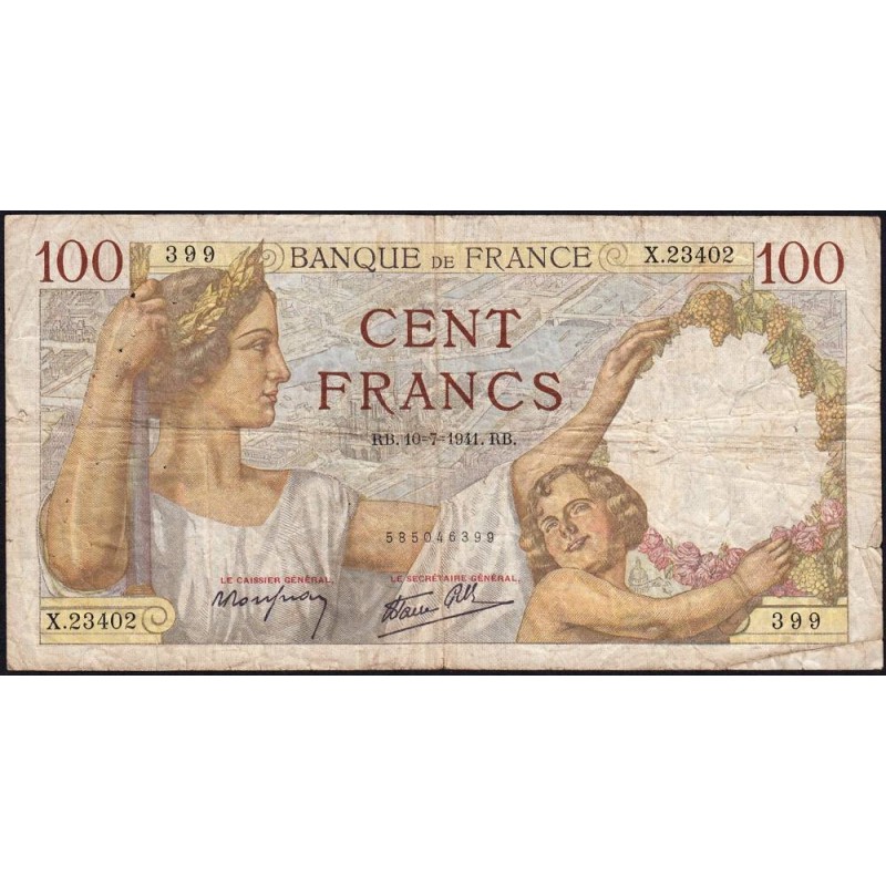 F 26-55 - 10/07/1941 - 100 francs - Sully - Série X.23402 - Etat : B+