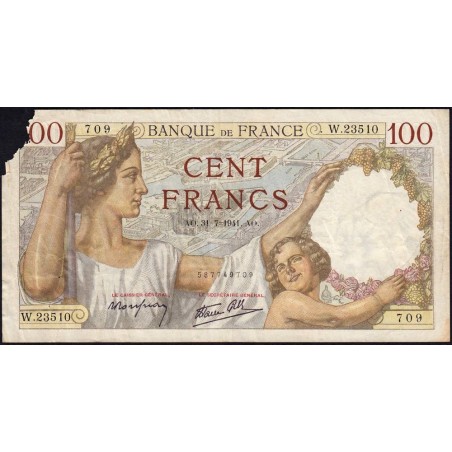F 26-56 - 31/07/1941 - 100 francs - Sully - Série W.23510 (remplacement) - Etat : B-