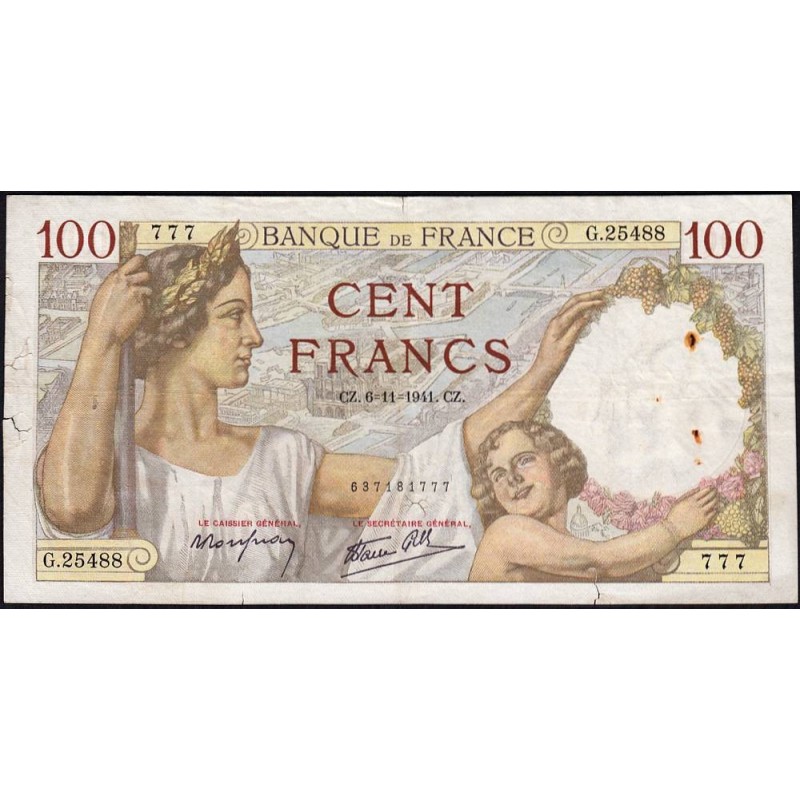F 26-60 - 06/11/1941 - 100 francs - Sully - Série G.25488 - Etat : TB-