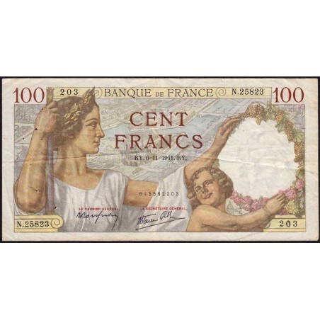 F 26-60 - 06/11/1941 - 100 francs - Sully - Série N.25823 - Etat : TB+