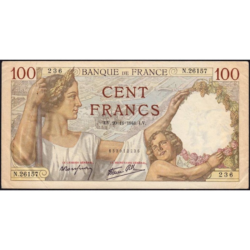 F 26-61 - 20/11/1941 - 100 francs - Sully - Série N.26157 - Etat : TB+