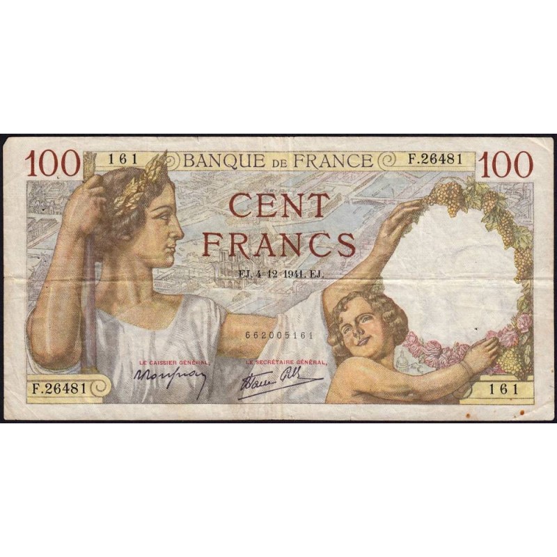 F 26-62 - 04/12/1941 - 100 francs - Sully - Série F.26481 - Etat : TB