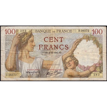 F 26-62 - 04/12/1941 - 100 francs - Sully - Série D.26572 - Etat : TB-