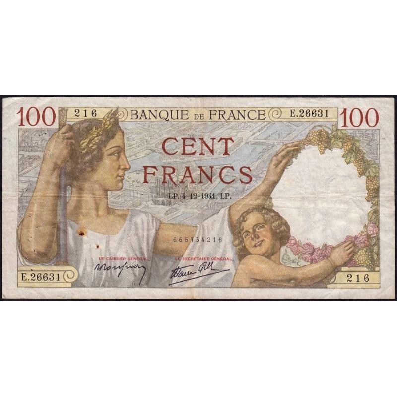 F 26-62 - 04/12/1941 - 100 francs - Sully - Série E.26631 - Etat : TB