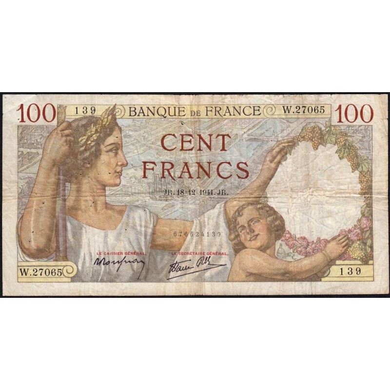 F 26-63 - 18/12/1941 - 100 francs - Sully - Série W.27065 (remplacement) - Etat : TB-