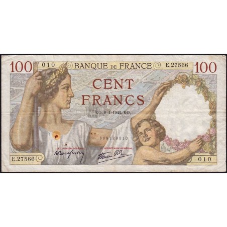 F 26-64 - 08/01/1942 - 100 francs - Sully - Série E.27566 - Etat : TB