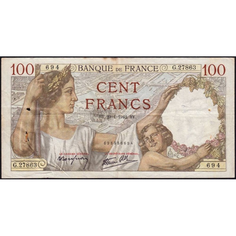F 26-64 - 08/01/1942 - 100 francs - Sully - Série G.27863 - Etat : TB